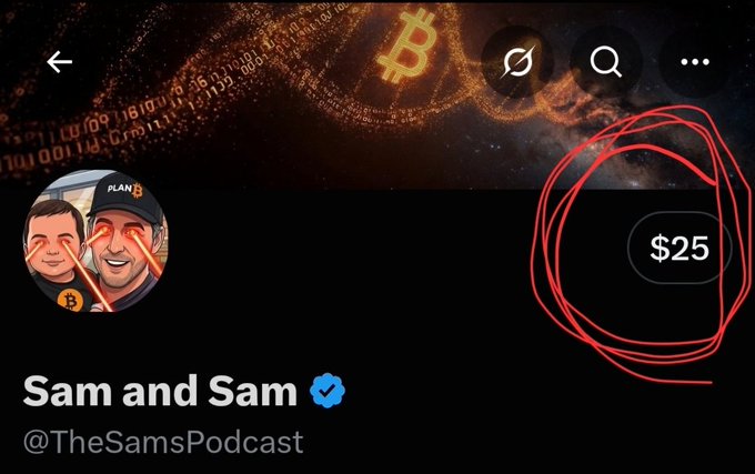 A screenshot of a Twitter/X profile for "Sam and Sam" (@TheSamsPodcast) shows their profile picture featuring two cartoon faces, with a red circle highlighting a "$25" button on the right side of the banner, illustrating the $25 they received from X that they plan to use for a $ASST stock giveaway.