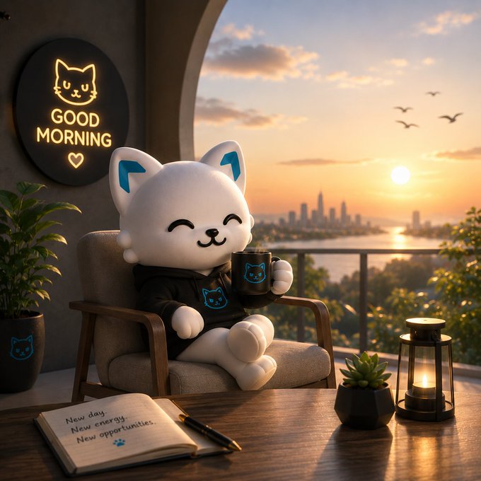 A cheerful cartoon cat, sporting a black hoodie with a blue cat logo, enjoys a morning coffee with a city skyline in the background, subtly reflecting the "GMOEW Community!" theme by embracing a positive start to the day. The neon "GOOD MORNING" sign and the notebook with "New day. New energy. New opportunities." further enhance this welcoming sentiment.