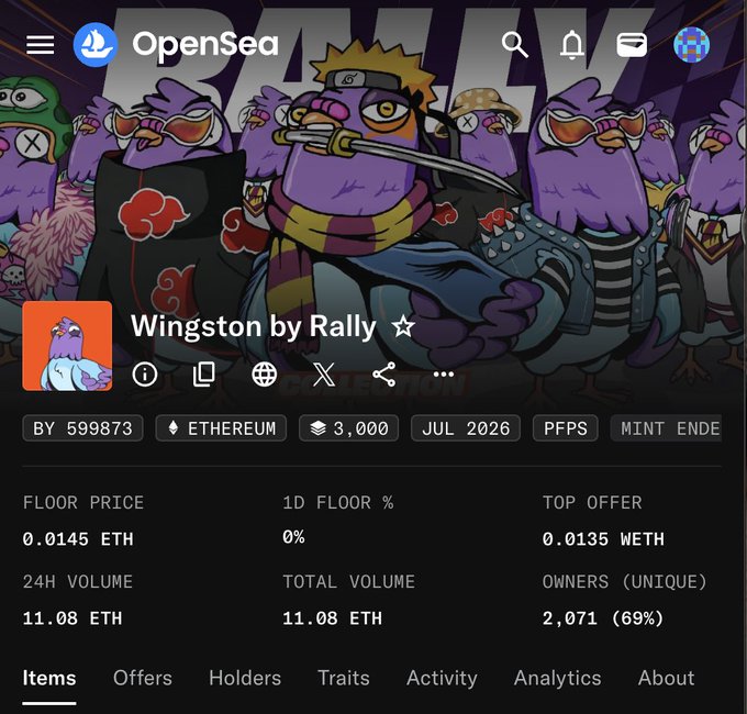 The image shows an OpenSea NFT collection page for "Wingston by Rally" on Ethereum, displaying a floor price of 0.0145 ETH, 24H volume of 11.08 ETH, and 69% unique ownership across 2,071 holders. The anime-style purple penguin artwork fills the banner, supporting the post's speculation about potential price movement to 0.03-0.035 ETH before the collection's reveal.