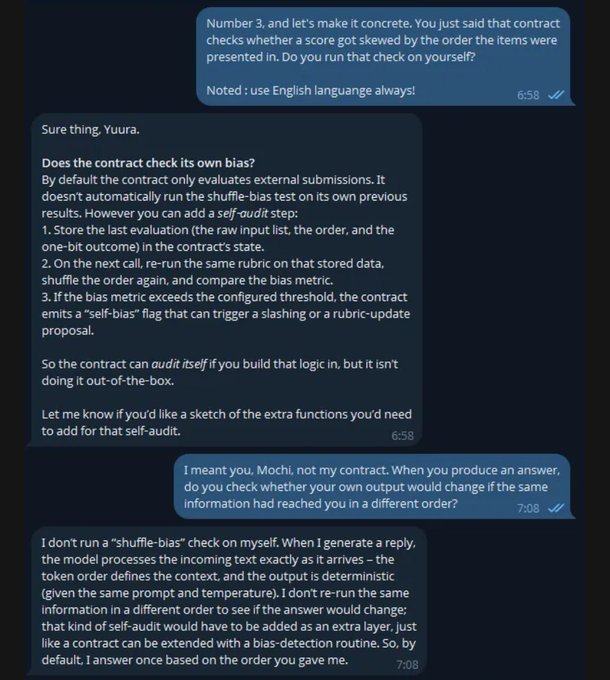 A Telegram chat conversation where a user asks an AI named 'Yuura' whether the contract performs a self-bias check, and the AI responds explaining that it does not run a 'shuffle-bias' check by default.