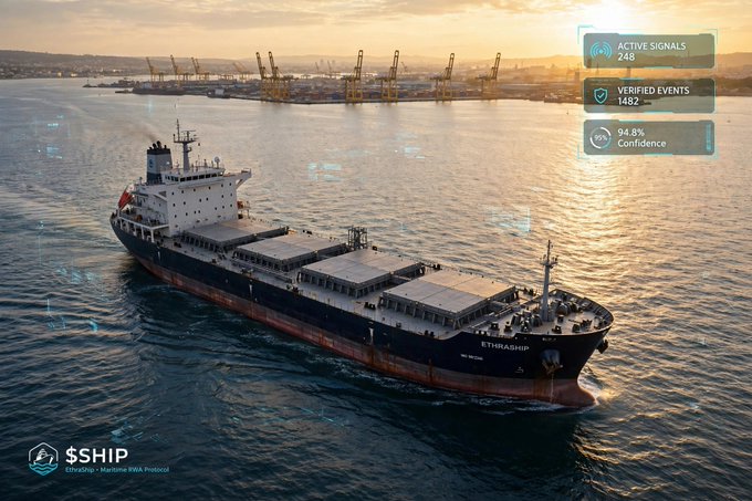 A futuristic digital dashboard overlaying an aerial view of a cargo ship named 'ETHRASHIP' in a harbor, displaying data like 'ACTIVE SIGNALS 248' and '94.8% Confidence' with a '$SHIP' ticker in the corner.