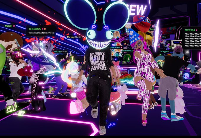 A vibrant, neon-lit screenshot of a virtual reality social space, likely VRChat, filled with various avatars in colorful outfits.