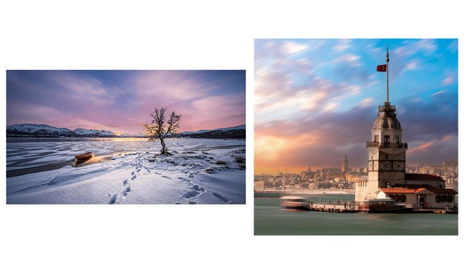 Two side-by-side landscape photos: a snowy winter scene with a lone tree at sunset and the Maiden's Tower (Kız Kulesi) in Istanbul at sunset.