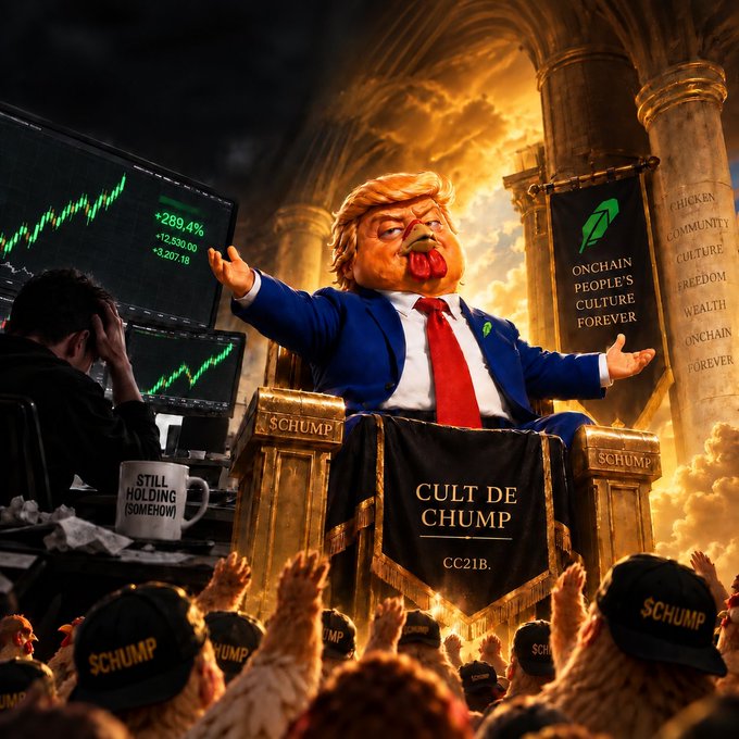 The image depicts a cult-like scene where a caricatured figure with blonde hair sits on a golden throne adorned with "$CHUMP" and a banner reading "CULT DE CHUMP CC21B," with worshippers wearing "SCHUMP" hats raising their hands in devotion while green candlestick charts showing "+269.4%" gains loom above. A side banner declares "ONCHAIN PEOPLE'S CULTURE FOREVER" alongside words like "CHICKEN," "COMMUNITY," "CULTURE," "FREEDOM," and "WEALTH," and a mug reads "STILL HOLDING (SOMEHOW)"—visually amplifying the post's message that meme coin loyalty transcends market volatility.
