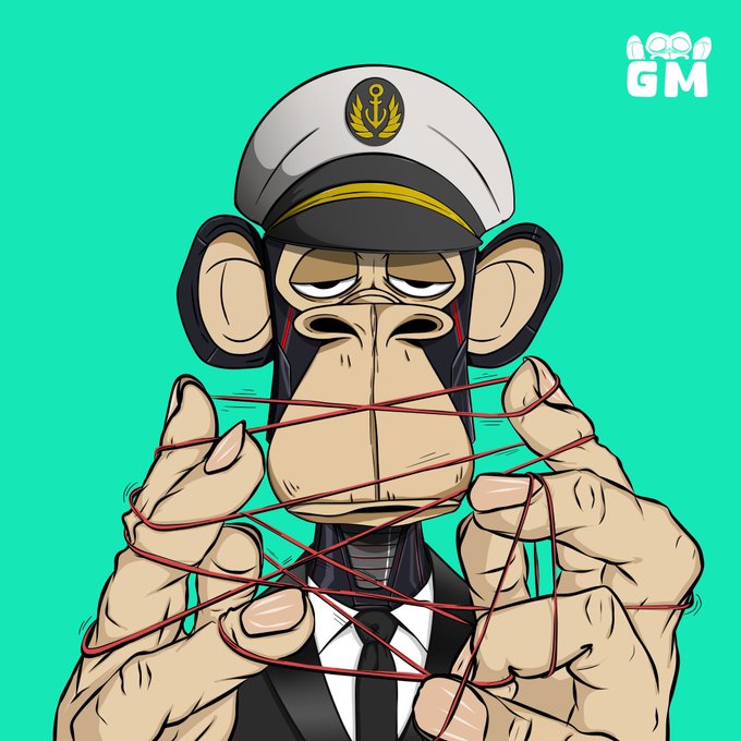 A cartoon illustration of a bored-looking monkey dressed in a naval officer's uniform and cap, playing cat's cradle with red string against a teal background, with a 'GM' logo in the corner.