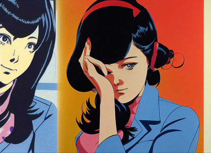 A stylized anime/illustration-style image showing two women with dark hair; one is in the foreground wearing a blue jacket and pink top with a red headband, resting her hand on her face, against a vibrant orange background.