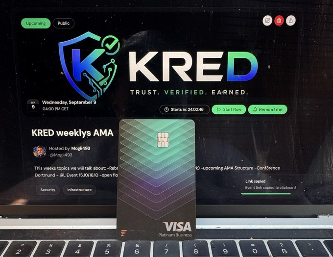 A KRED “weekly AMA” webpage displayed on a laptop, with a Visa-branded card in the foreground and the text “TRUST. VERIFIED. EARNED.”