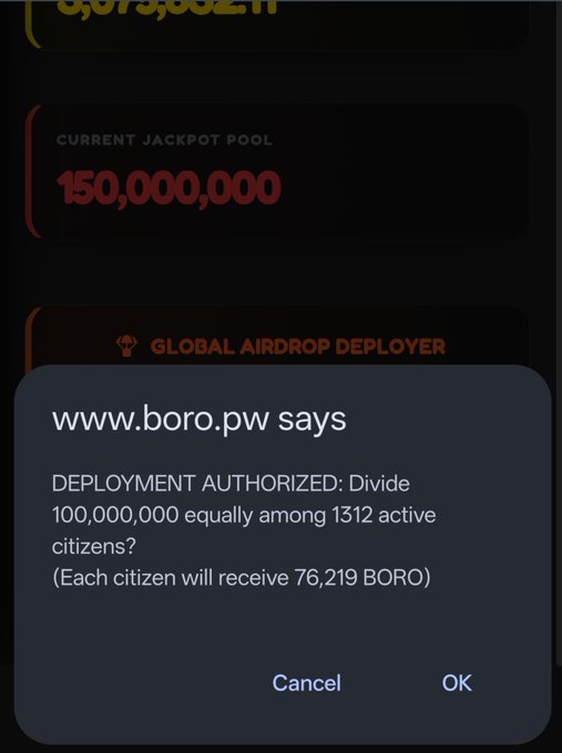 A screenshot from boro.pw shows an airdrop deployment authorization prompt to distribute 100,000,000 BORO tokens equally among 1,312 active citizens (76,219 BORO each), with a current jackpot pool of 150,000,000 displayed above. The post's question "Are you ready to claim it..." aligns with the image's call to confirm the token distribution.