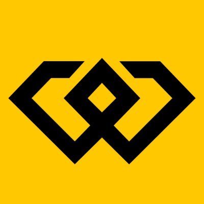 A yellow background with a black geometric logo featuring interlocking diamond/angular shapes.