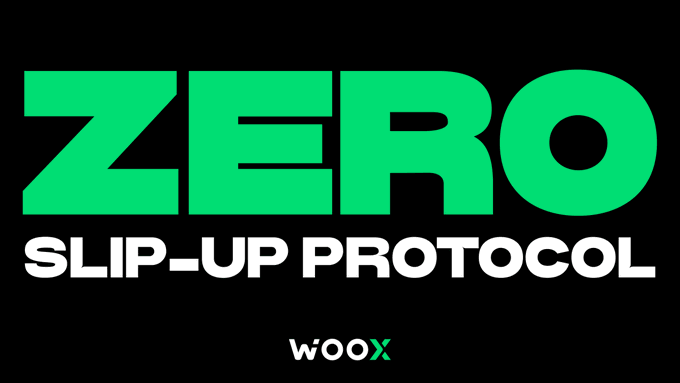 A logo/graphic reading 'ZERO SLIP-UP PROTOCOL' in green and white text on a black background, branded with the WOO X logo at the bottom.