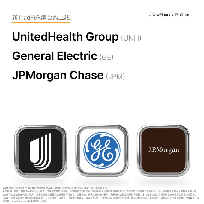 A promotional graphic from Bybit TradFi announcing new perpetual contract listings for UnitedHealth Group (UNH), General Electric (GE), and JPMorgan Chase (JPM), featuring their respective corporate logos.