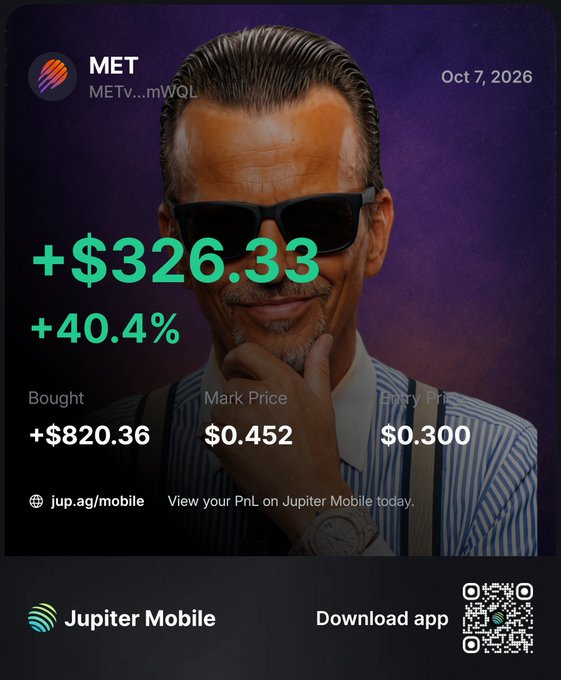 A Jupiter Mobile promotional image showing MET (METv...mWQL) stock with gains of +$326.33 (+40.4%), bought at $0.452, now at $0.300, dated Oct 7, 2026.