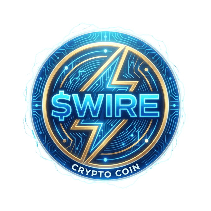 A glowing blue and gold digital coin emblem displays "$WIRE" above a stylized lightning bolt motif, with "CRYPTO COIN" inscribed along the bottom border, visually reinforcing the upcoming transparency announcement regarding locked token allocations for the project.