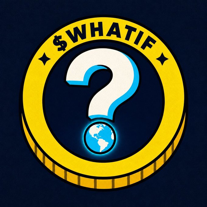 A large white question mark hovers over a small blue globe, encircled by a golden coin-like border featuring the text "$WHATIF" along the top arc. The design visually embodies the post's theme, symbolizing how the "WHAT IF?" YouTube series explores bold, hypothetical questions with global and curious implications through its official $WhatIF cryptocurrency.
