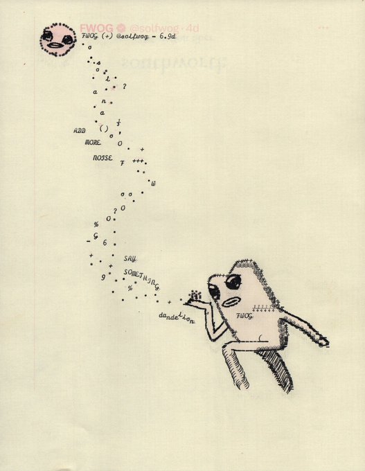 An illustrated tweet by FWOG (@colbuyog) featuring a creature with the text 'SEND PORN' arranged in ASCII art, alongside doodles of a stick figure and the words 'ADD MORE NOISE.'