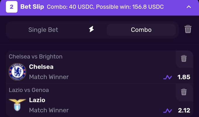 A sports betting slip showing a combo bet of 40 USDC with a possible win of 156.8 USDC, featuring Chelsea (1.85 odds) and Lazio (2.12 odds) as match winners.