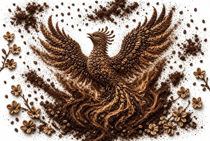 An artistic illustration of a phoenix made entirely from coffee beans and grounds, with wings spread wide and surrounded by scattered coffee beans and small flowers.