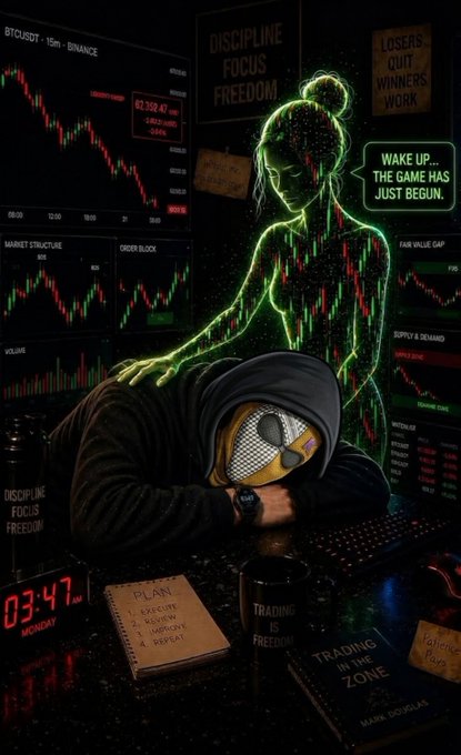 A stylized digital artwork depicting a glowing green wireframe figure placing its hand on a hooded person's head in a dark trading room, with monitors showing candlestick charts and motivational signs reading 'DISCIPLINE FOCUS FREEDOM' and 'WAKE UP... THE GAME HAS JUST BEGUN'.
