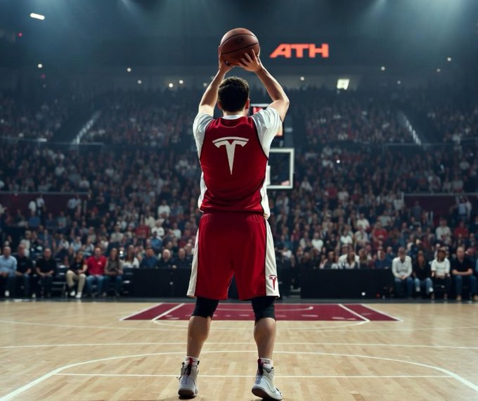 A basketball player in a red jersey stands at the free-throw line shooting a basketball toward a packed arena crowd, viewed from behind.