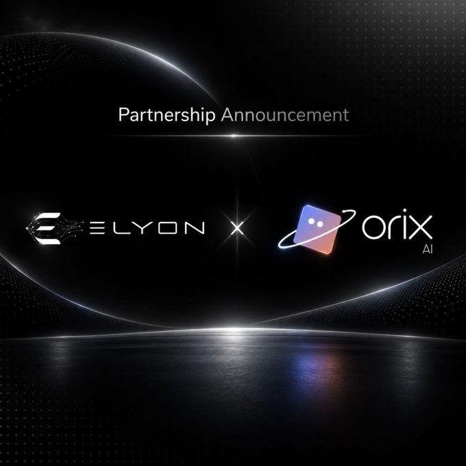 A sleek, dark-themed partnership announcement graphic displays "Partnership Announcement" above the logos of ELYON and orix AI, separated by an "X" symbol, visually representing the collaboration between Elyon Chain's Web3 infrastructure and Orix's AI-powered blockchain development platform.