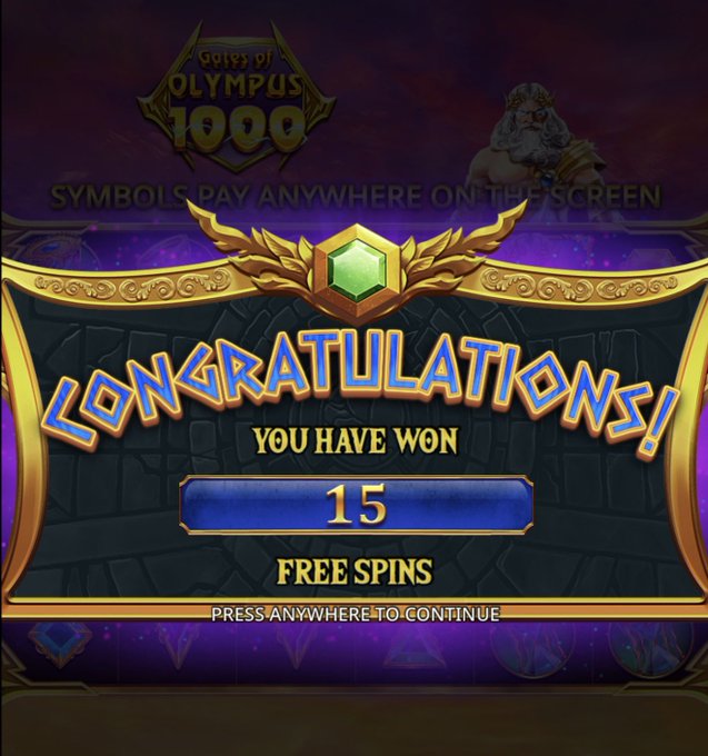 A slot game screen displays a "Congratulations!" banner from "Gates of Olympus 1000," announcing that the player has won 15 free spins, with text below instructing to "PRESS ANYWHERE TO CONTINUE." The image serves as promotional proof of a win, reinforcing the post's claim about Toshi Bet offering the best odds among online casinos.