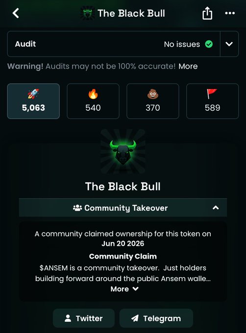 A mobile screenshot of a token page for "The Black Bull" ($ANSEM) showing an audit with 'No issues,' 5,063 holders, 540 fire emojis, 370 poop emojis, and 589 red flags, with a Community Takeover claim dated Jun 20 2026.