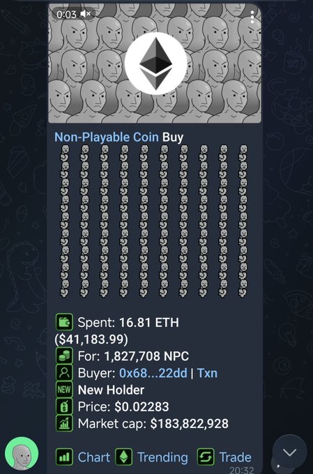 A mobile app screenshot showing an Ethereum-based transaction for 'Non-Playable Coin Buy' with a total spent of 16.81 ETH ($41,183.99) for 1,827,708 NPC tokens, displaying a market cap of $183,822,928 against a repeating Wojak face background.