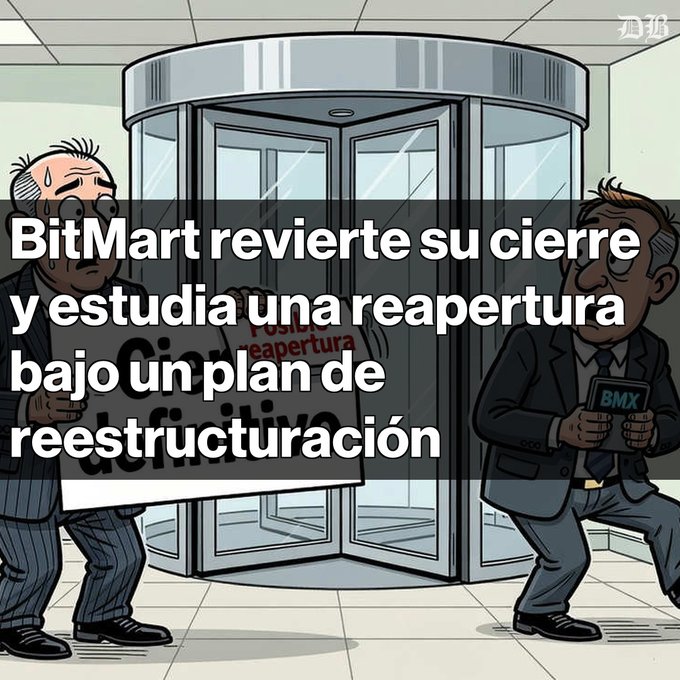 A cartoon illustration with Spanish text stating 'BitMart revierte su cierre y estudia una reapertura bajo un plan de reestructuración' (BitMart reverts its closure and studies reopening under a restructuring plan), depicting an older businessman closing a 'BitMart' sign while another looks nervously at a phone labeled 'BMX'.