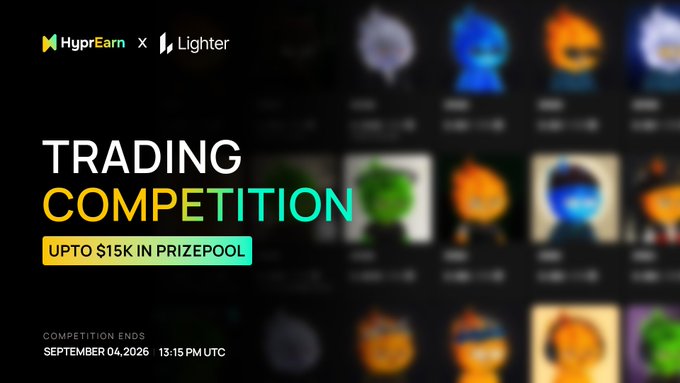A promotional banner for a 'TRADING COMPETITION' by HyprEarn x Lighter offers up to $15K in prizepool, ending September 04, 2026 at 13:15 PM UTC, featuring blurred character avatars in the background.