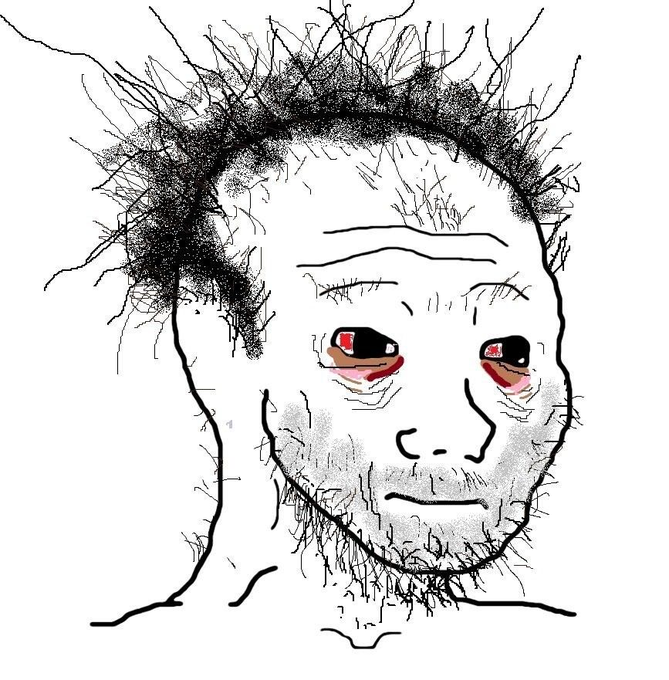 A rough sketch of a gaunt, hollow-eyed man with messy hair and stubble, staring intensely with bloodshot red-rimmed eyes, capturing the weary, obsessive expression of someone who has been relentlessly farming the MetaMask airdrop since 2019.