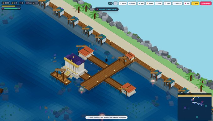 The image shows a 3D rendering of a dock with several boats, including one large boat that appears to be floating in the water near the shoreline. The dock has multiple levels and seems to be part of an underwater city or island. A small boat is also visible on the water. In addition to the boats, there are several people present in the scene, possibly enjoying their time at the dock area. The image includes a caption that reads "11 fishermen just casting and chilling, enjoying the new dock layout! This will help us really expand on solana:6DEvB7wEj1iR4mMe4Yji7n1L7hiz9BCd4tBWiLVvpump with a pier for future development. voxelfishing.com 6DEvB7wEj1iR4mMe4Yji7n1L7hiz9BCd4tBWiLVvpump".