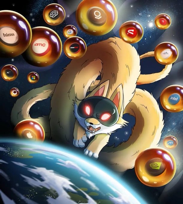 An anime-style illustration of a fierce fox-like creature with glowing red eyes floating in space above Earth, surrounded by amber orbs containing corporate logos including Apple, Intel, AMD, NVIDIA, and Microsoft.