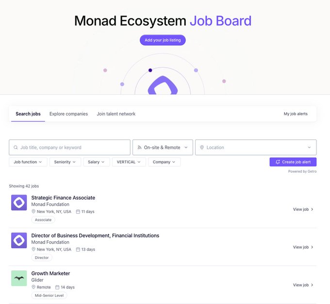 A screenshot of the 'Monad Ecosystem Job Board' website, listing job openings such as 'Strategic Finance Associate' and 'Director of Business Development, Financial Institutions' at Monad Foundation, powered by Getro.