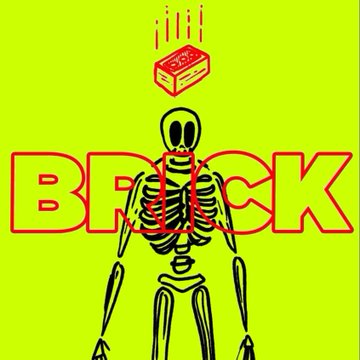 A pixel art illustration featuring a skeleton figure in red with the word 'BROCK' behind it and a brick falling from above, on a bright yellow-green background.