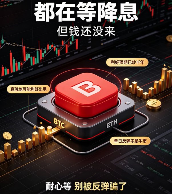The image features a red 3D Bitcoin (B) button with "BTC" and "ETH" labels set against a backdrop of candlestick charts, illustrating the post's message that traders are awaiting rate cuts ("都在等降息") that haven't materialized yet, with warnings that rate cut expectations have been priced in for half a year ("利好预期已炒半年") and that a single-day rebound isn't a bull market ("单日反弹不是牛市"), advising patience and not to be fooled by the bounce ("耐心等 别被反弹骗了").