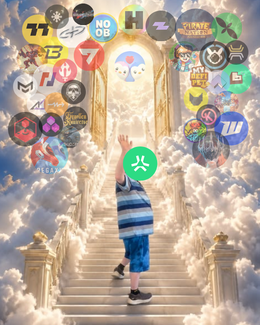 An illustration of a child reaching up the stairs toward heaven, surrounded by various cryptocurrency token logos including PEPE, NOOB, and others.