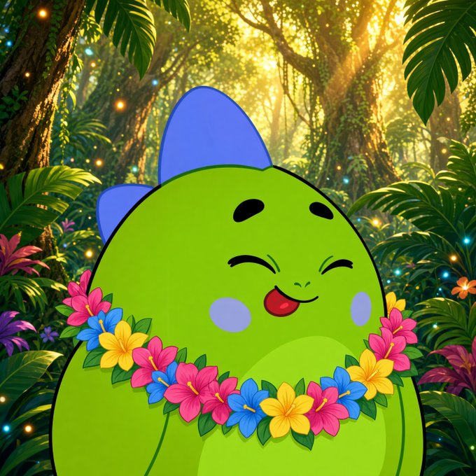 An illustration of a cute, round green dinosaur character with a blue bow, smiling with its eyes closed and wearing a colorful flower lei in a sunlit jungle setting.