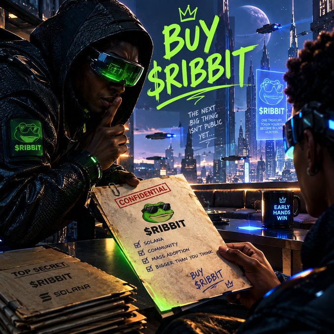 Cyberpunk-style promotional artwork with the text 'BUY $RIBBIT' in large green letters. Two characters examine a 'CONFIDENTIAL' document labeled '$RIBBIT' featuring frog imagery, with a futuristic cityscape, flying vehicles, and a moon in the background.