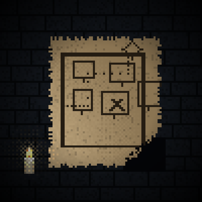 A pixel art style image showing a damaged parchment or map with various small drawings on it, mounted on a dark brick wall next to a torch.