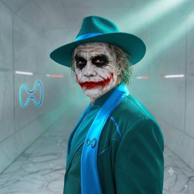 The image depicts a character resembling the Joker in a teal suit and hat, with a blue scarf featuring a small logo. The accompanying post's tickers, $HYPE and $PURR, hint at an excited or playful sentiment, potentially relating to the character's chaotic and vibrant nature.