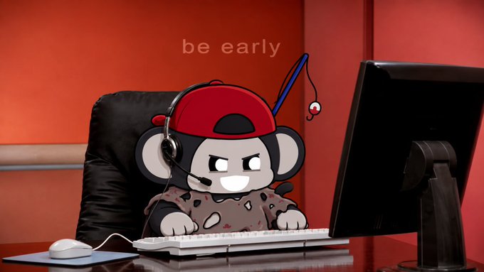 A cartoon monkey wearing a red cap and headset sits at a computer desk in a red room, with the text 'be early' displayed above.