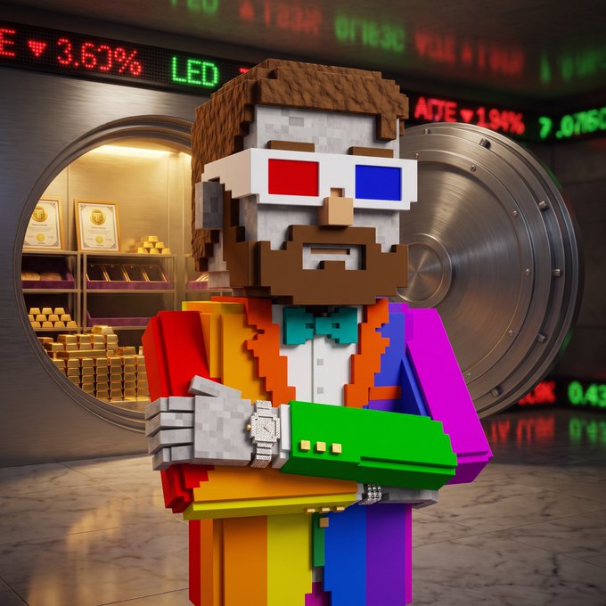A blocky, Minecraft-style character wearing 3D glasses and a rainbow suit stands in a vault filled with gold bars, with stock tickers displaying "LED ▼3.63%" and "ACTE ▼1.94%" scrolling in the background. The image visually reinforces the post's message about watching numbers rather than charts, highlighting StonkBrokers' top protocol revenue on Robinhood Chain alongside a backdrop symbolizing financial success.