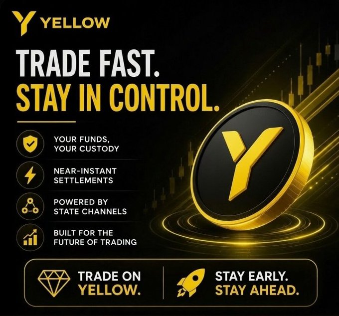 The image features a large yellow coin with the word "Yelow" written across its surface. The backdrop of the image is black, and there are three bullet points beneath the coin which state that trading on Yellow will feel different due to no bridges to trust, no custodians holding your funds, and staying in control of your assets at all times. There's also an advertisement for a platform called "Yelow".