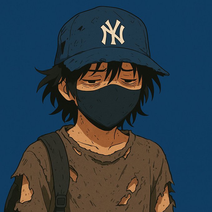 A digital illustration of a character wearing a blue baseball cap with an 'NY' logo, a black face mask, and a worn, tattered brown shirt against a solid blue background.