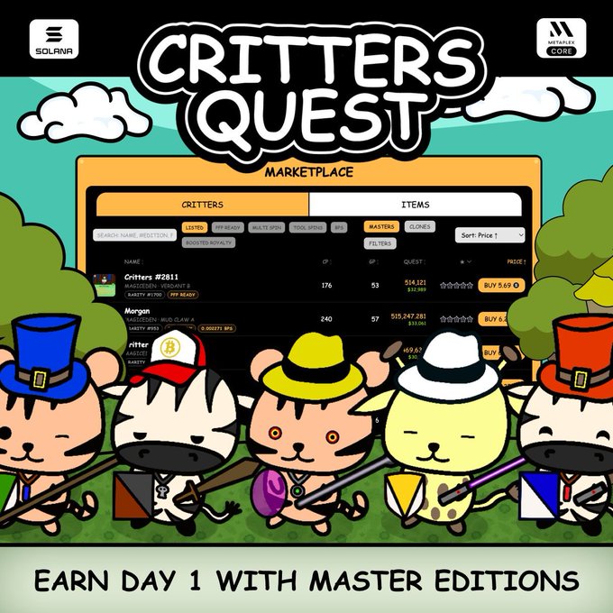 A promotional graphic for 'CRITTERS QUEST' on Solana and Metaverse Core, featuring cartoon animal characters in colorful hats in front of a marketplace interface, with text 'EARN DAY 1 WITH MASTER EDITIONS'.