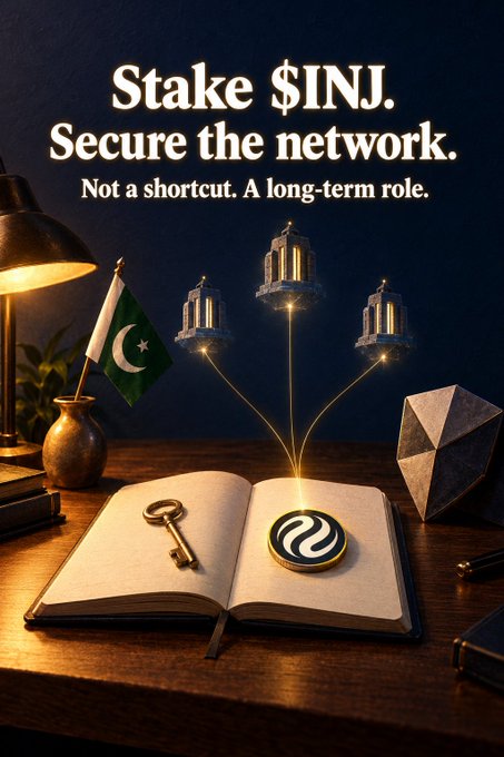 A promotional graphic reading 'Stake $INJ. Secure the network. Not a shortcut. A long-term role.' showing an open book with the Injective logo, a Pakistani flag, lantern-style objects, a key, and an octahedron on a desk.
