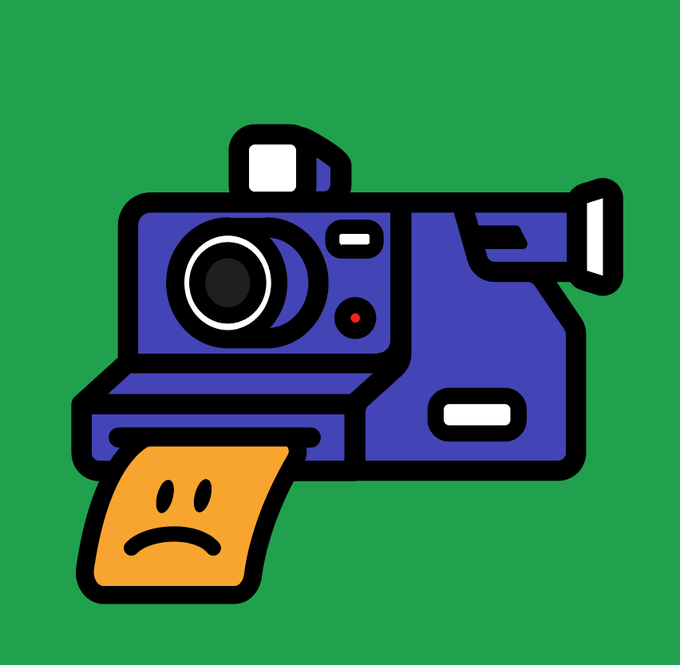 A cartoon illustration of a purple Polaroid-style camera with a sad face emoji printing out of it, set against a green background.