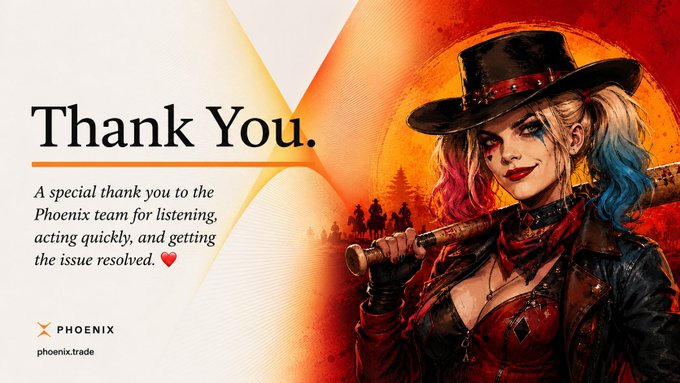 A graphic thanking "the Phoenix team" features an illustration of a woman in a cowboy hat holding a bat, with the logo "PHOENIX" and URL "phoenix.trade" visible.