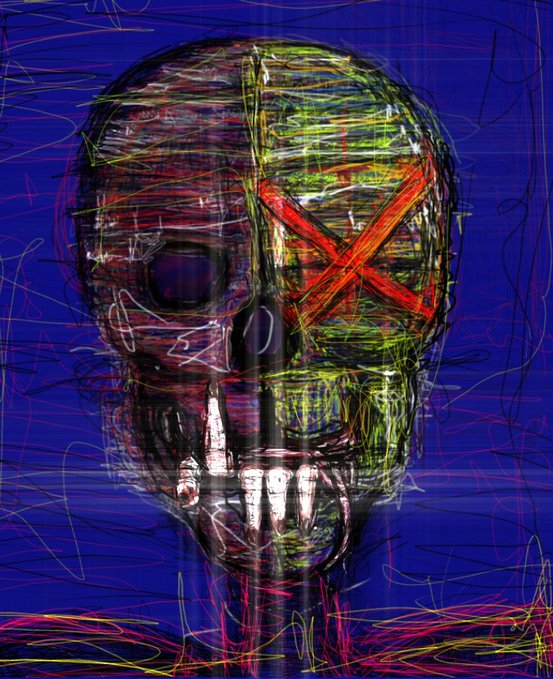 A colorful, abstract digital painting of a skull with chaotic scribbled lines, featuring a red 'X' over one eye, set against a deep blue background.