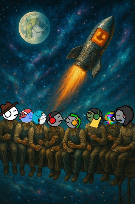 An artistic painting parodying 'Workers on their way home' with various cartoon character heads on the workers' bodies, set against a cosmic background with a rocket ship and moon.